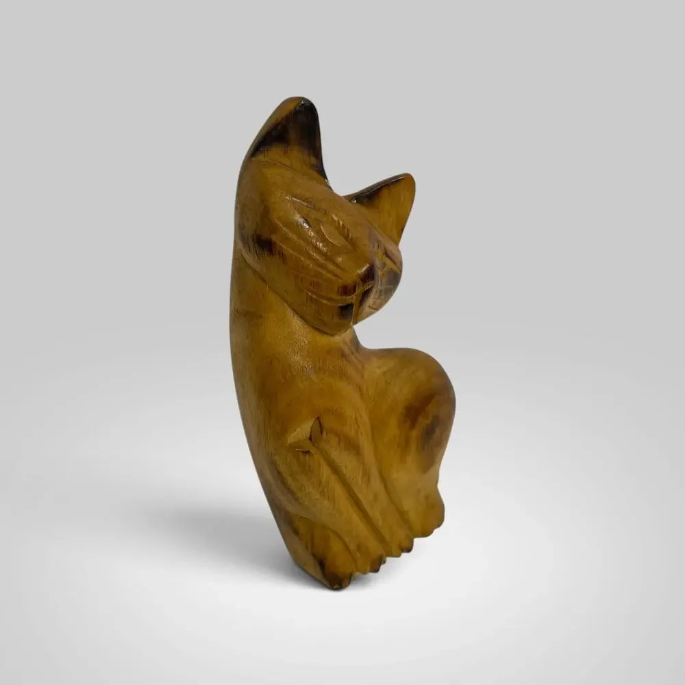 Vintage Small Hand Carved Wood Cat Figurine Folk Art Siamese Kitty